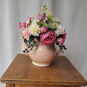 Vintage Pink Polka Dot Tea Pot Floral Arrangement