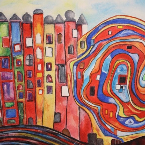 Acrylbild Stadt im Stil von Hundertwasser