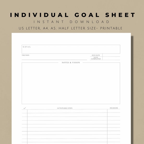 Individual Goal Planner PDF Instant Download Goal Planner Goal Tracker Planner Insert Letter A4 A5 Half Letter