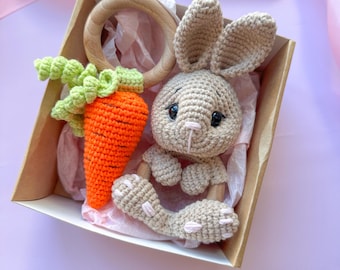 Crochet Bunny Rattle Gift Set Baby Shower Gift Easter Basket Gift Newborn Baby Toy Eco Friendly Baby Sensory Toy Nursery Decor