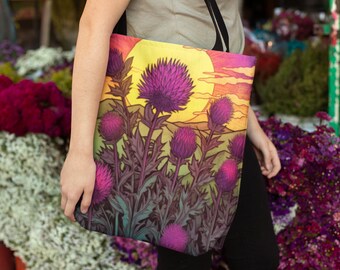 Drama in Bloom - Colorful Irish Thistle Graphic Tote Bag in 3 Sizes