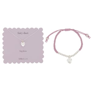 May include: A set of silver heart charm jewellery, including a necklace and a bracelet. The necklace is on a card with the text "fairy dust big kiss little ELLA". The bracelet is made of pink cord with silver beads and a heart charm.