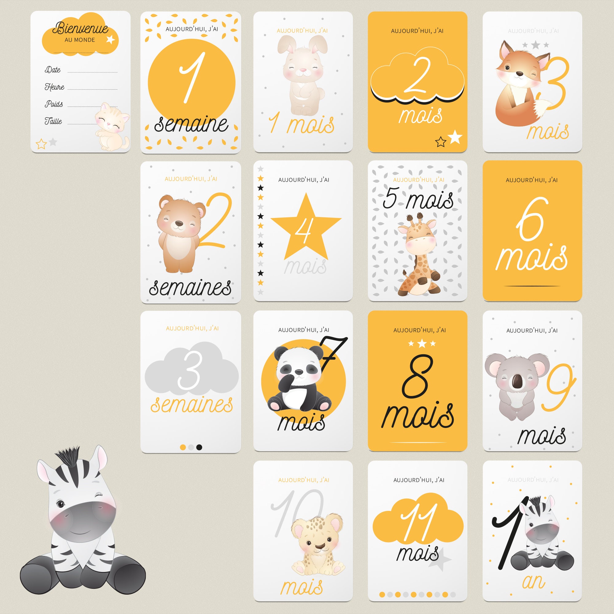 Cartes Étapes Bébé - Bienvenue 1 à 3 Semaines 12 Mois Cadeau