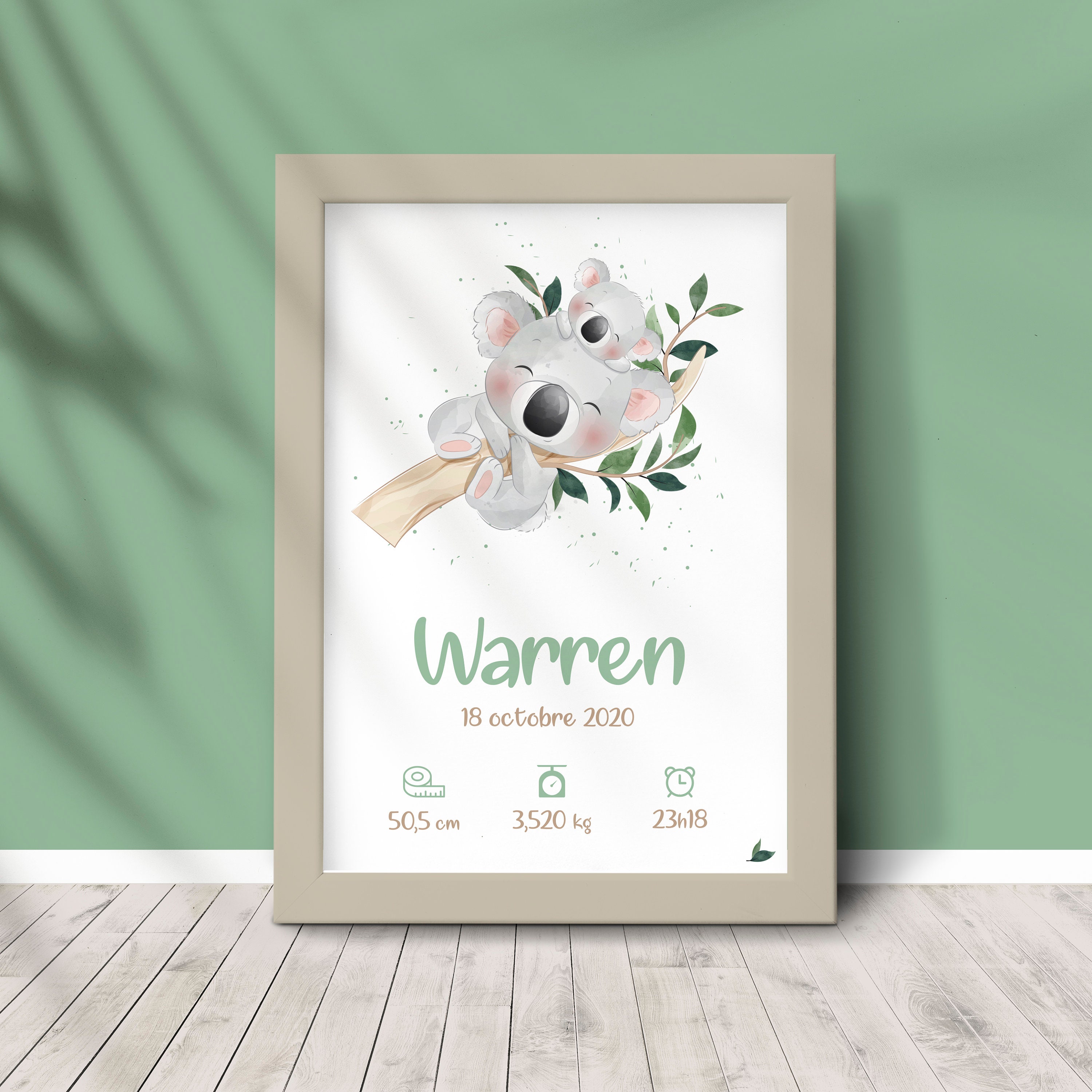 Affiche Naissance - Affiche Naissance Personnalisée Bébé Cadeau Fille Garçon Animaux