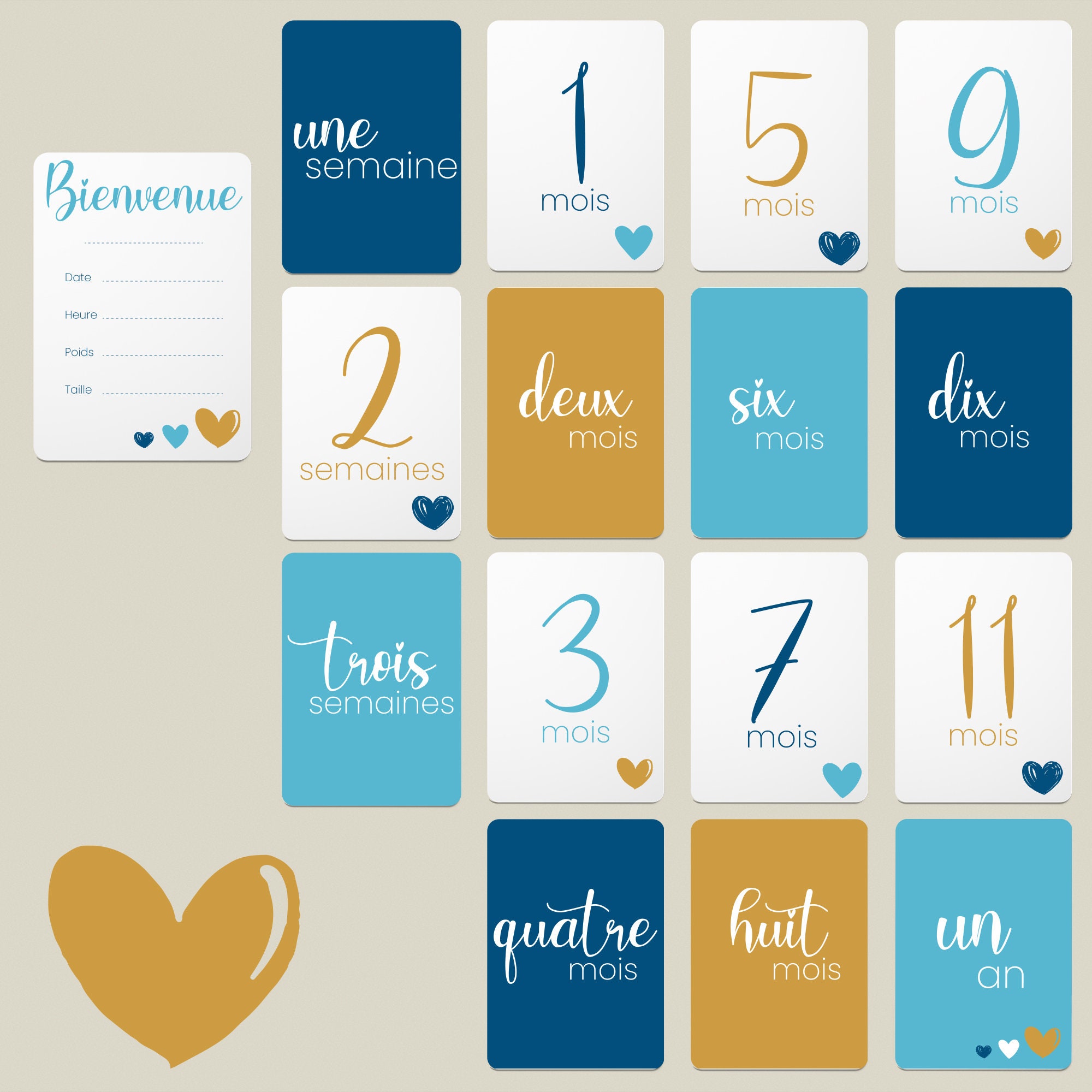 Cartes Étapes Bébé - Bienvenue 1 à 3 Semaines 12 Mois Cadeau Bleu Vert- Ocre