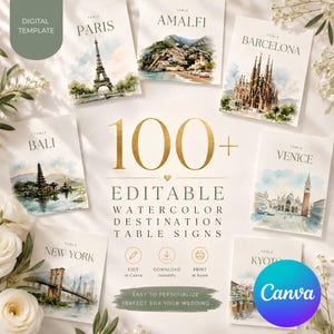 Puede incluir: Una colección de letreros de mesa digitales con ilustraciones en acuarela de monumentos mundiales como París, Amalfi, Barcelona, Bali, Venecia, Nueva York y Kioto. El texto central dice 100+ Editable Watercolor Destination Table Signs.