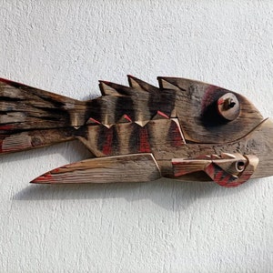 Wood fish sculpture, Cubist fish  relief, Hand made wood relief