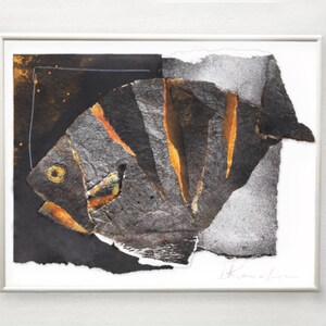Arte del pesce, stampa Giclee del collage di pesce moderno, collage di carta fatto a mano, arte costiera, stampe di pesce, arte murale