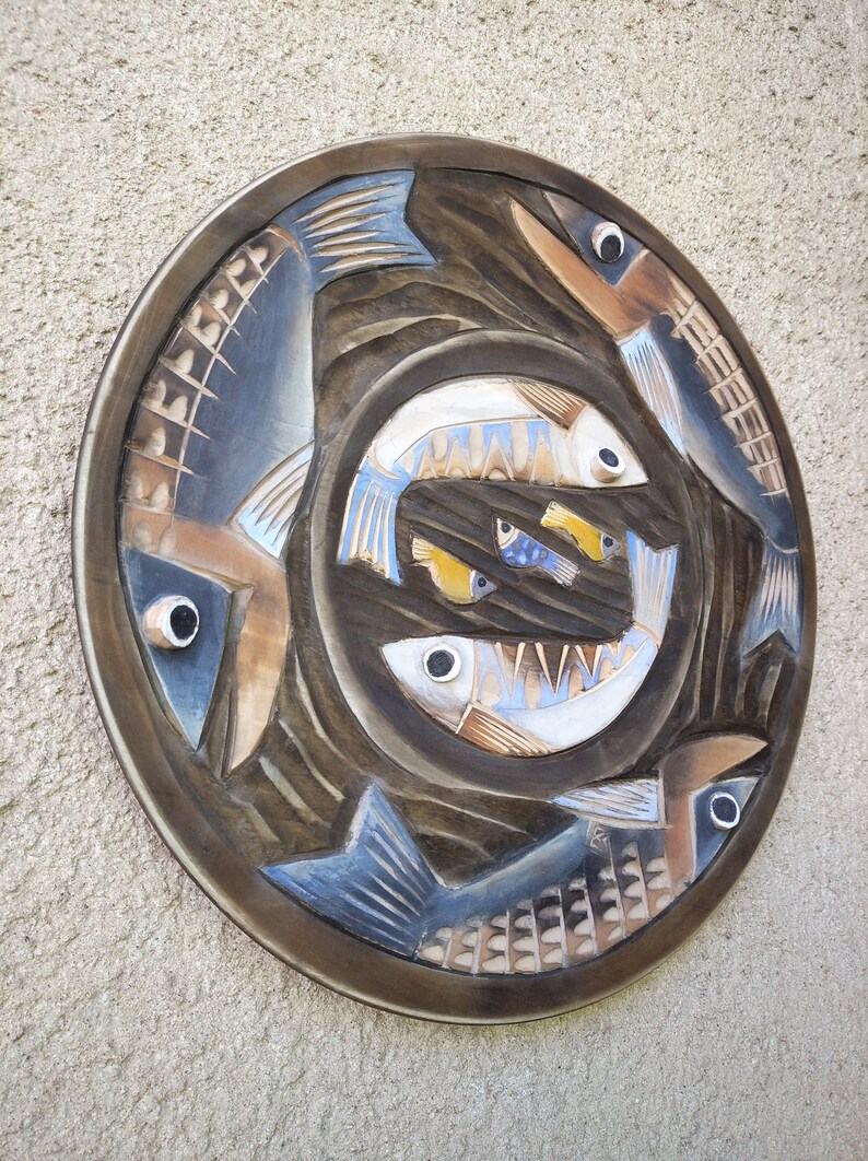 Wood Plate With Fishes ,wooden Decoration ,wall Hanging Plate ,hand