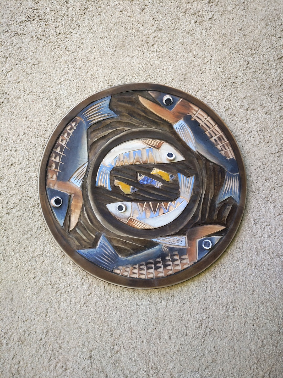 Wood Plate With Fishes ,wooden Decoration ,wall Hanging Plate ,hand