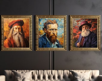 Portraits Vangogh, da Vinci, Claude Monet | wall art | Digital Product print | gallery wall prints | printable wall art, Gallery wall set