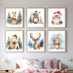Set of 8 Digital Christmas Animal Prints, Watercolor wall art winter prints digital art digital print, Christmas Prints Holiday Arts poster image 1