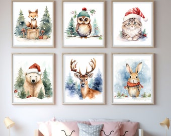 Set of 8 Digital Christmas Animal Prints, Watercolor wall art winter prints digital art digital print, Christmas Prints Holiday Arts poster