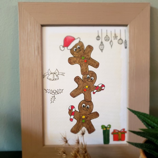 Peinture originale encadrée de Bonhommes Pain d'épices - Original framed painting of Gingerbreadmen