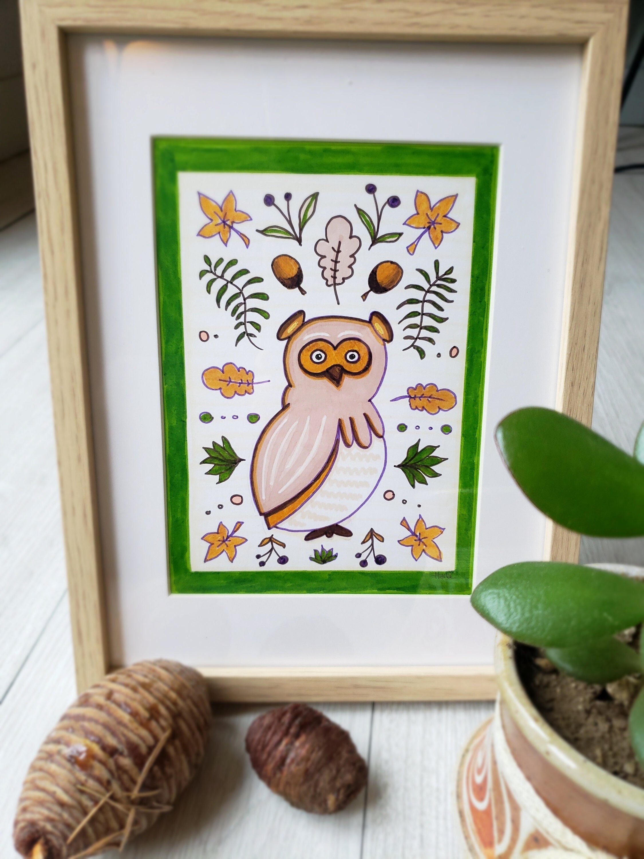 Peinture Original Encadrée Petit Hibou - Framed Painting Little Owl