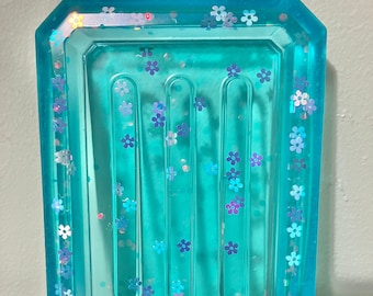 Glittery Flower Soap Dish, Resin Soap Dish, soap dish, floral soap dish, blue/green soap dish, flower soap dish, soap dish, blue soap dish