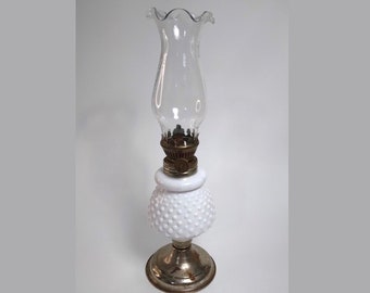 Vintage Milk Glass Mini Oil Lamp with Hobnail Ebossed Dot Pattern 10.5" Tall w/Clear Glass Chimney | Miniature Kerosene Lamp from Hong Kong