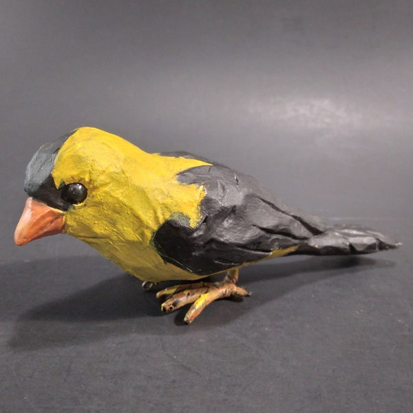 Bright Yellow Bird Figurine | Folk Art Hand Carved Gold Finch, Canary, Small 4.5" Sculpture | Signed DIXIE Dated 2002