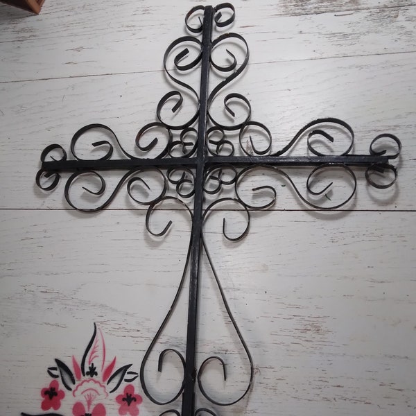 Large Christian Cross - Black Metal Scroll Wall Art Hanging | Vintage Medallion Indoor Outdoor Decor | Architectural Wroght Metal Decor