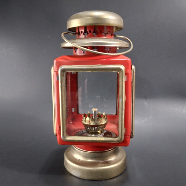 Vintage Kerosene Lantern | Red & Gold Tone Metal Colonial Coach Hurricane Lamp | Made in Hong Kong