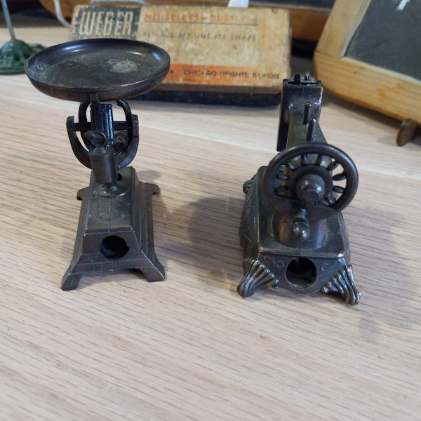 Choice Vtg Pencil Sharpeners | Die Cast Metal Sewing Machine or Scale | Antique Hong Kong Office Desk Decor Novelty [RVBX3]