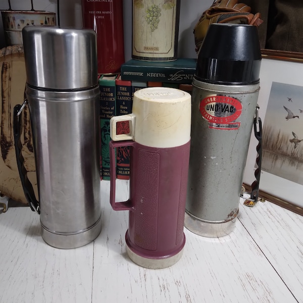 Vintage Thermos Bottle Choice | Stainless Steel Gray Uno Vac, Silver Metal CROP, Red Plastic Thermos Brand | You Pick