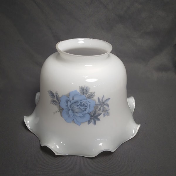 Vintage Milk Glass Bell Shaped Lamp Shade | Ceiling Light, Hurricaine, Pendant Lamp Ruffle Crimp Rim Blue Rose Floral 2.75" Fit GWTW