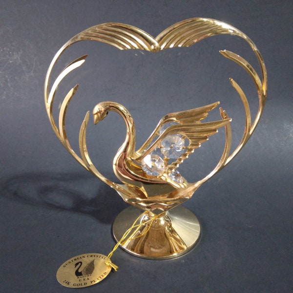 Vintage Crystal Delight Heart & Swan Tabletop Suncatcher Figurine | 24k Gold Plated with Austrian Crystals by Mascot USA