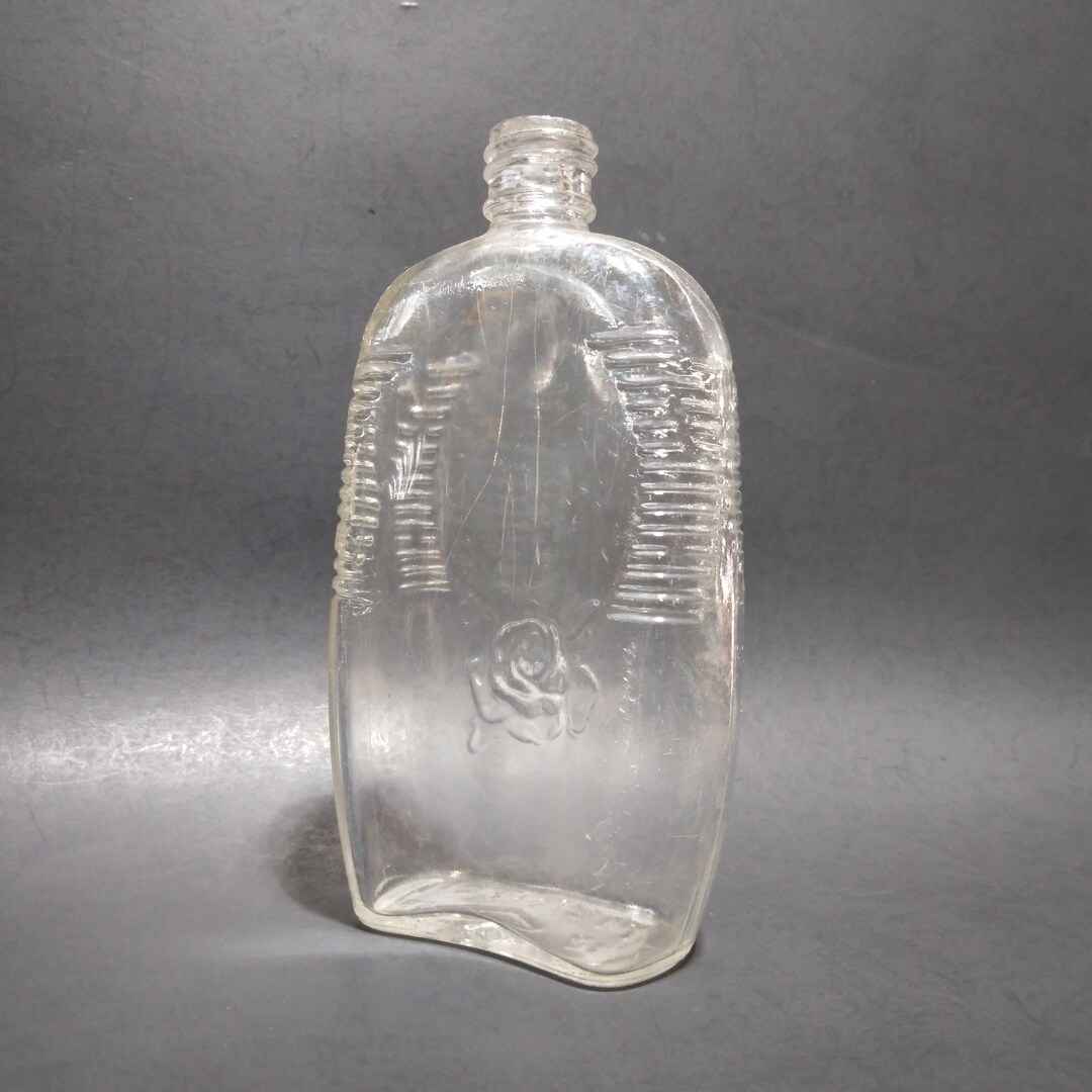 Art Deco Vintage Clear Glass Flask Bottle Embossed Rose Mennen 5 1/4