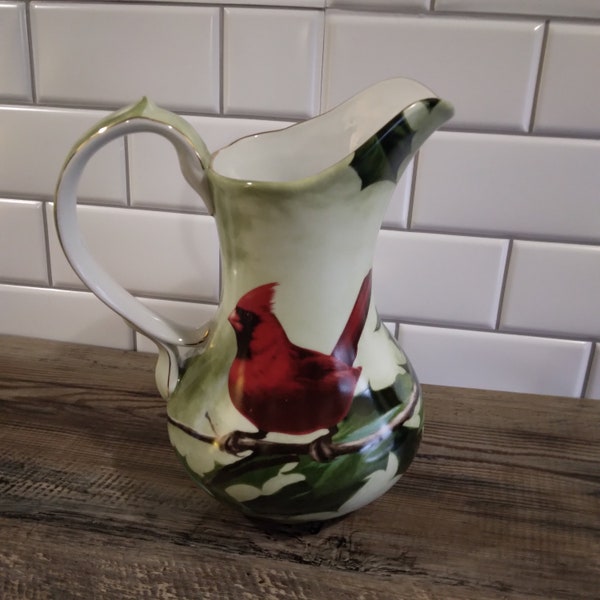 Cardinals in Holly Ceramic Pitcher Gold Gilt Trim | Hautman Brothers Collection | Winter Holiday Bird Decor