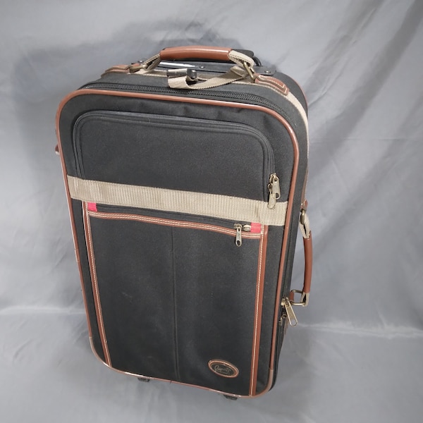 Ricardo Beverly Hills Rolling Suitcase | Vintage 1990s Black Canvas Brown Leather Handles w/Extending Pull Handle