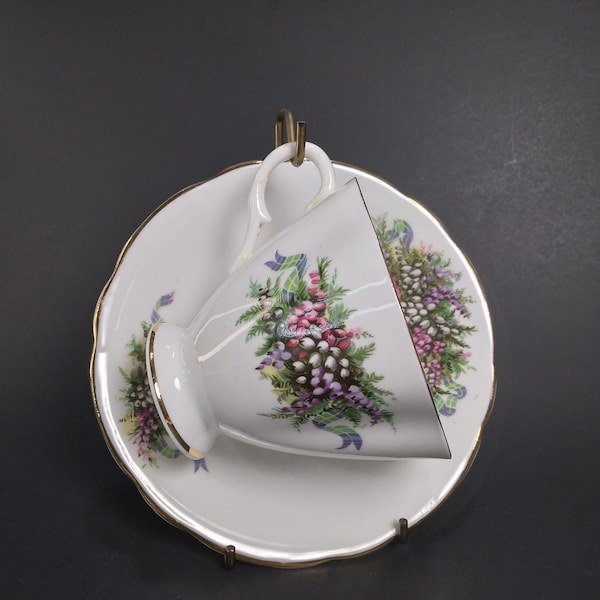 Windsor England Teacup + Saucer Set | Vintage Heather Purple and Pink Floral Fine Bone China | **Handle Repair""  Elegant Serveware Gift