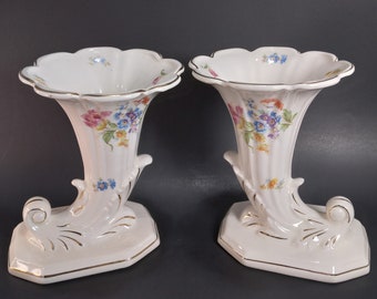 Pair of Cornucopia Horn of Plenty Floral Vases | Vintage Porcelain Large Pedestal Flower Vases with Gold Trim | Ornate "Book End" Vase Set