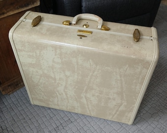 Vintage Retro Samsonite Marbled Beige Hardside Suitcase Travel Case 21x18" w/Original Hangars - Photo Prop Mod 1950s Decor