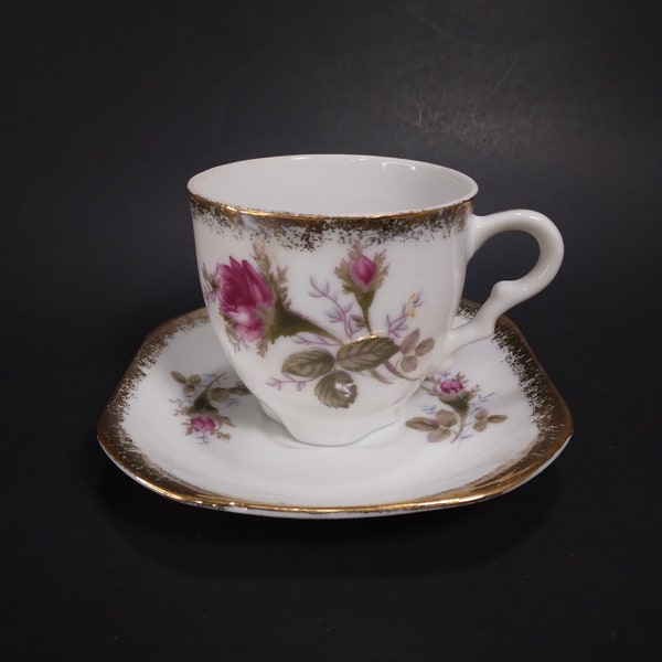 Small Demitasse Teacup and Saucer Set | Vintage Japan Clover Mark | Pink Rose Bud Floral Design with Gold Trim | Elegant Serveware Gift