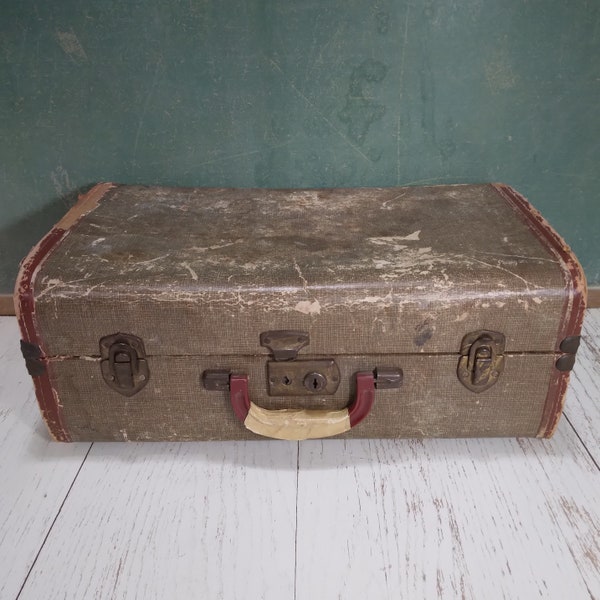 Antique Suitcase / Luggage / Travel Bag | Small, Vintage, Rough, Rustic, Tattered, Photo Prop, Display or Decor