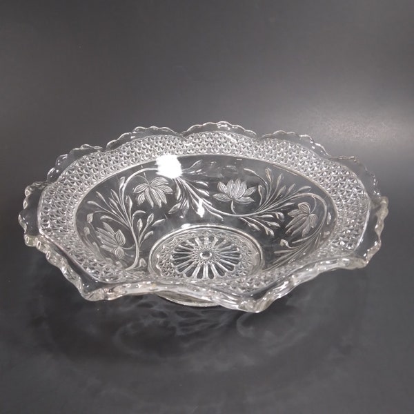 Clear Depression Glass Centerpiece Bowl | Vintage Water Lily / Lotus Floral Ruffle Rim Centerpiece 10" Serving Bowl