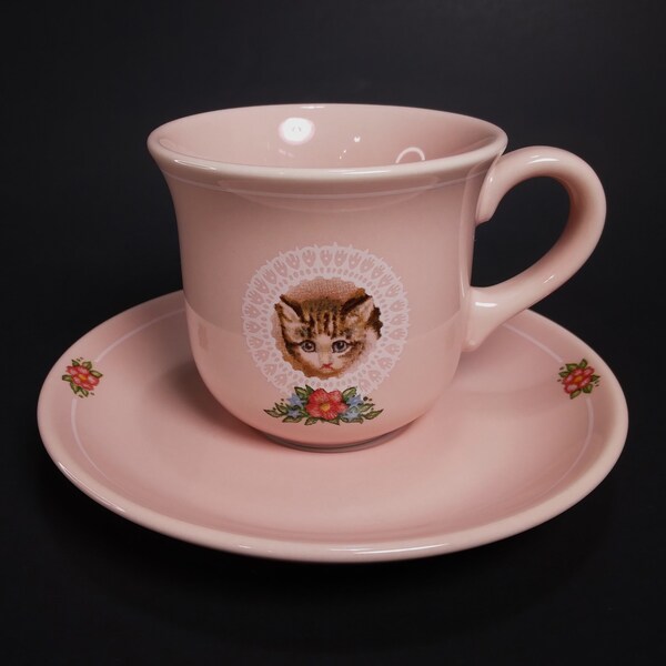 Pink Kitten Demitasse Teacup and Saucer Set | Vintage HMK CDS Miniature Tea Cup & Saucer Set with Cat and Rose Floral Design