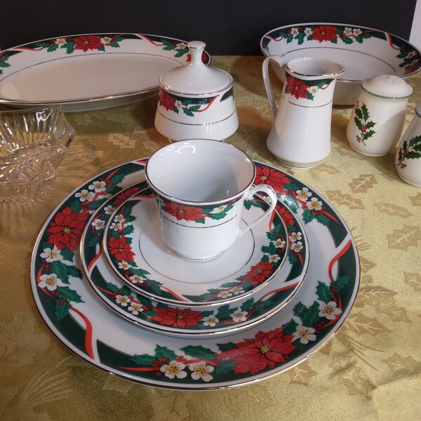 Vintage Holiday Dinnerware | Deck the Halls by Tienshan Fine China | Your Choice Christmas Poinsettas and Holly Formal Serveware Pieces