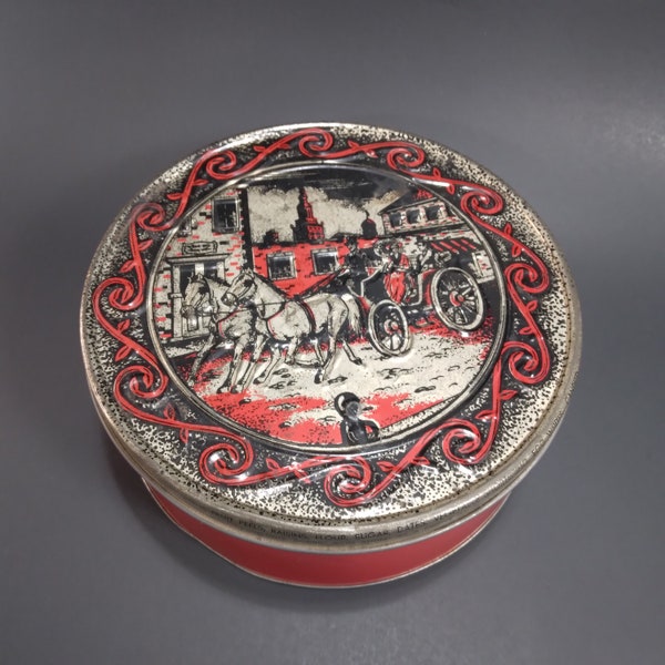 Horse Drawn Carriage Vintage Advertising Tin | Red Black Silver 7.5" Round | Rustic Primitive Decor | Victorian Collectible Tin Box