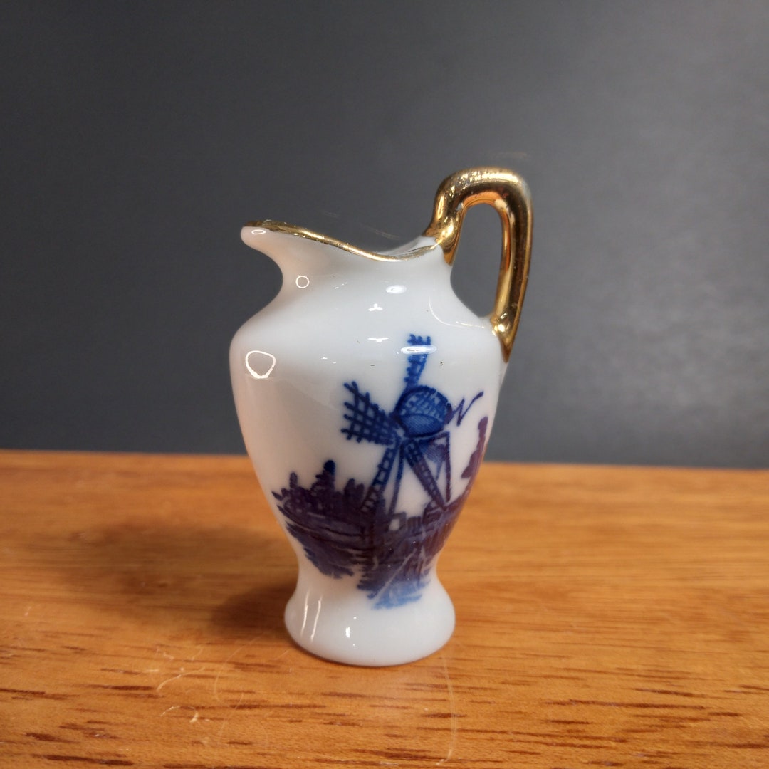 Miniature Ceramic Pitcher Figurine Delft Blue Holland Windmill Vintage ...