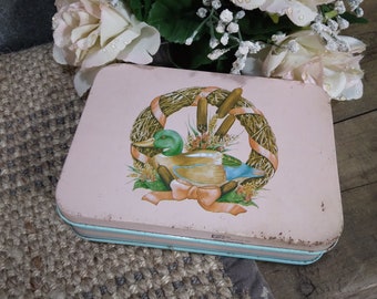 Small Mallard Duck Collectible Tin Box w/Lid | Vintage Pink & Blue Box by Giftco made in Hong Kong | Cute Trinket Box Vanity Decor