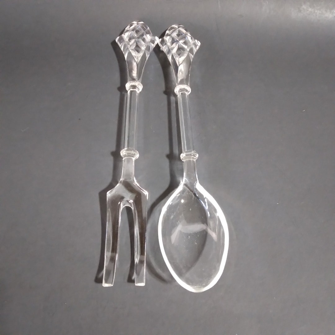 Pair of Vintage Mid Century Modern Glass Serving Spoon & Fork Salad Serving Utensil Set Etsy