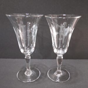 MCM Sherry Cordial Glasses with Etched Bamboo & Leaf Pattern, You Choose, Set of 2 or Set of 3, Pretty Crystal Stemware Barware 2 oz 5&quot; Tall