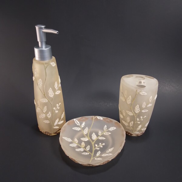 Bathroom Vanity Accessories - 3 Piece Set | Vintage 1980s - 1990s Beige Floral Leaf Frosted Acrylic | Toothbrush Cup, Soap Pump**, & Dish