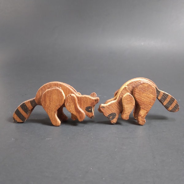 Two Miniature Hand Carved Wooden Raccoon Figurines | Vintage 2" Pair of Primitive Woodland Animal Folk Art | Cottagecore Country Decor