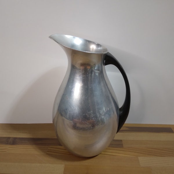 Vintage 50s Cold Beverage Pitcher Puralum Italy | 16 ounce Small Silver Aluminum Creamer with Black Bakelite Handle
