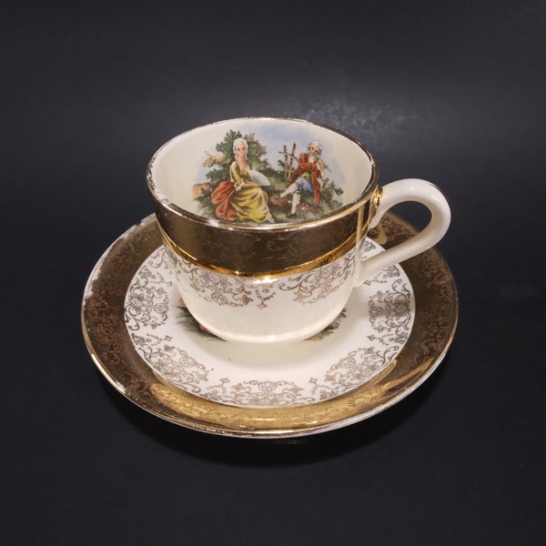 Sabin Crest O Gold Demitasse Teacup & Saucer Set in 22k Warranted Gold Gilt | Victorian Colonial Courting Couple - George and Martha