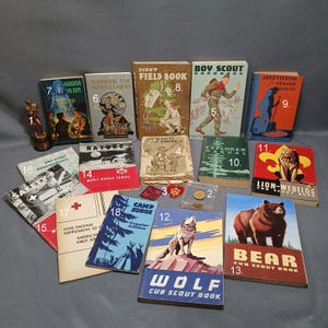 Vintage Boy Scouts of America BSA Books, Memorabilia, Collectibles, Huge Lot of 18 Pieces, Trophy, Coin, Patches, Manuals, Guides, Song Book