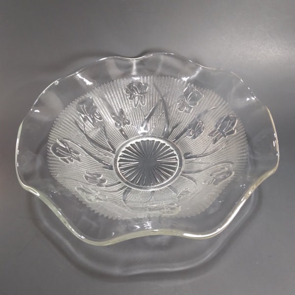 Clear Depression Glass Centerpiece Bowl | Vintage Jeanette Glass Iris & Herringbone 9.5” Ruffle Rim Pattern Serving Dish